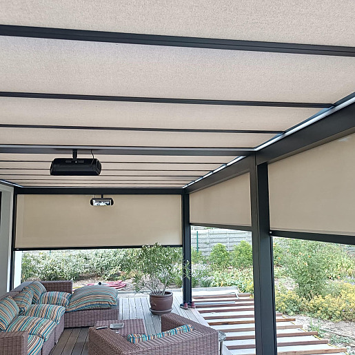 Terrasoverkapping V875 Belluno met glasplaten en verandazonwering onder het glas, inclusief dimbare ledverlichting - Merksplas